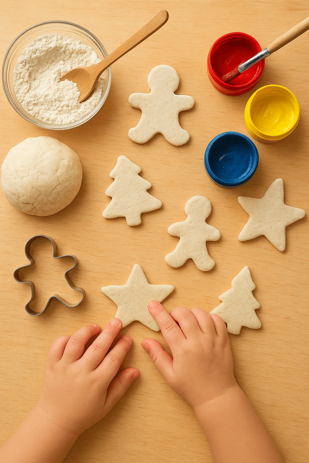 Salt dough Christmas ornaments shaped as stars trees and gingerbread figures with child hands cookie cutters and paint jars on a wooden table