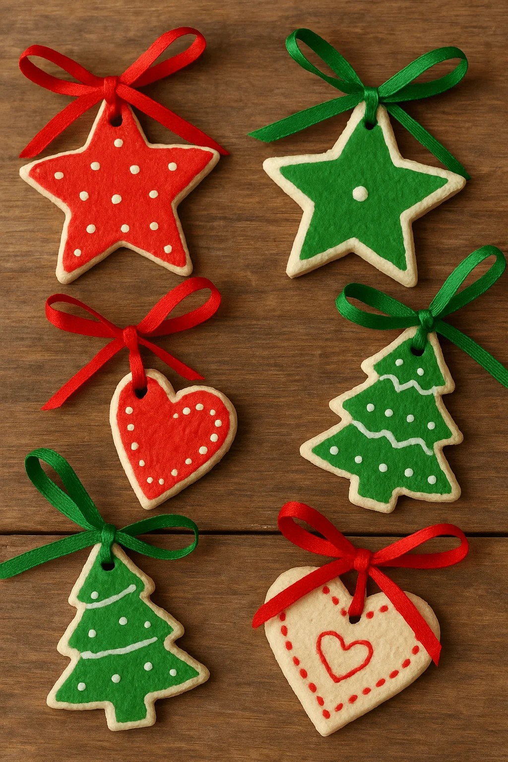 salt dough christmas ornaments shaped as stars hearts and trees decorated with red and green icing and ribbon bows