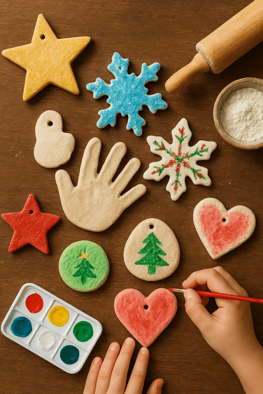 Kids painting colorful salt-dough Christmas ornaments in shapes like stars hearts snowflakes and trees on a wooden table