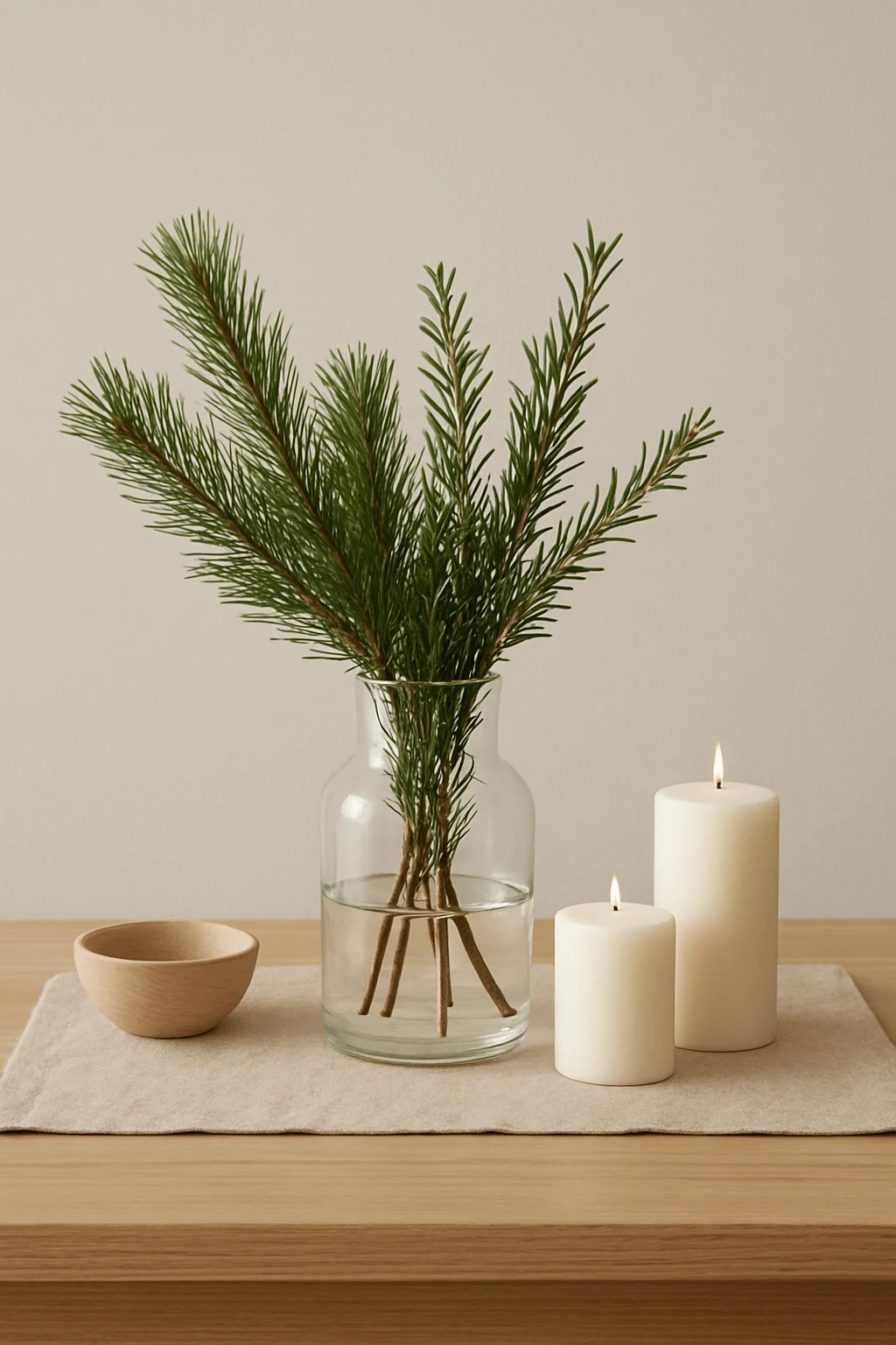 Minimal Scandinavian Christmas centerpiece with pine branches in a clear glass vase beside two white pillar candles on a neutral table runner