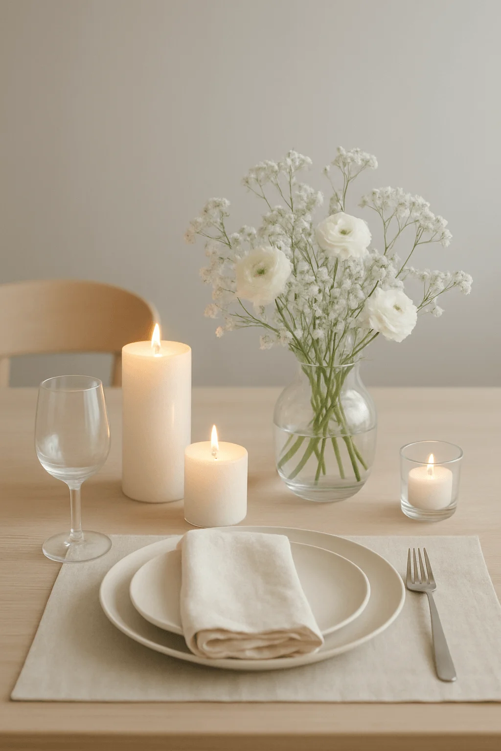 Minimalist Christmas table setting with white pillar candles and delicate white flowers in a clear glass vase
