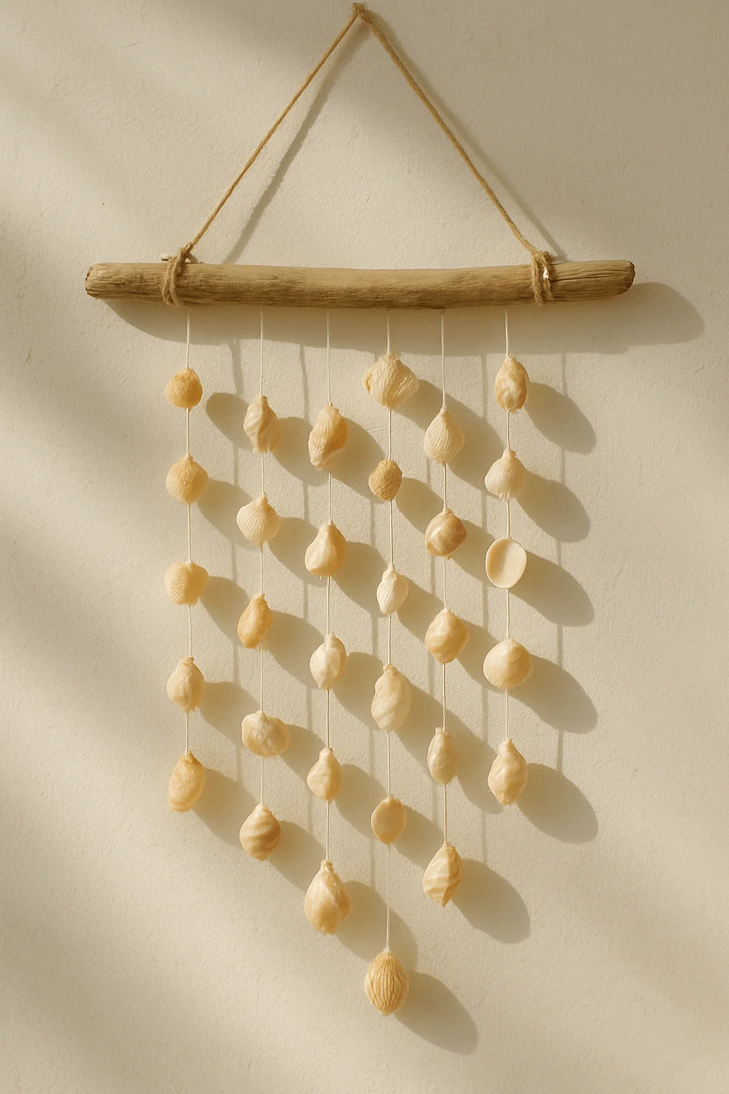 seashell wall hanging with natural driftwood branch and hanging shell strands for coastal decor