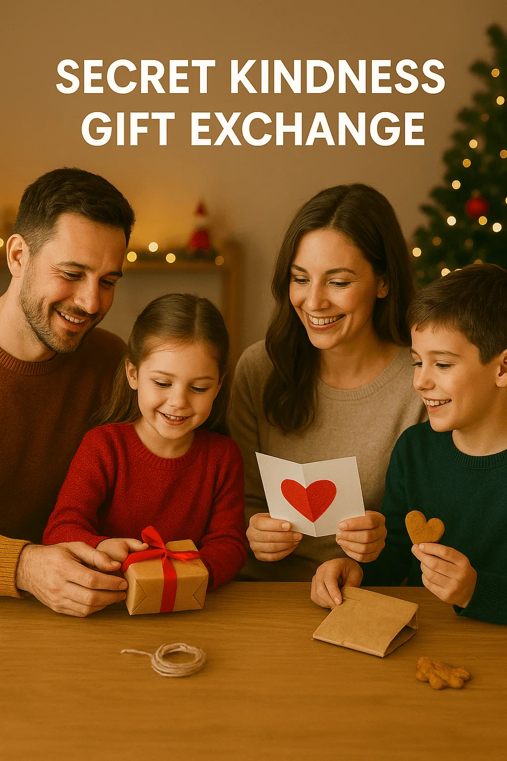 family participating in a secret kindness gift exchange opening small heartfelt gifts and cards together