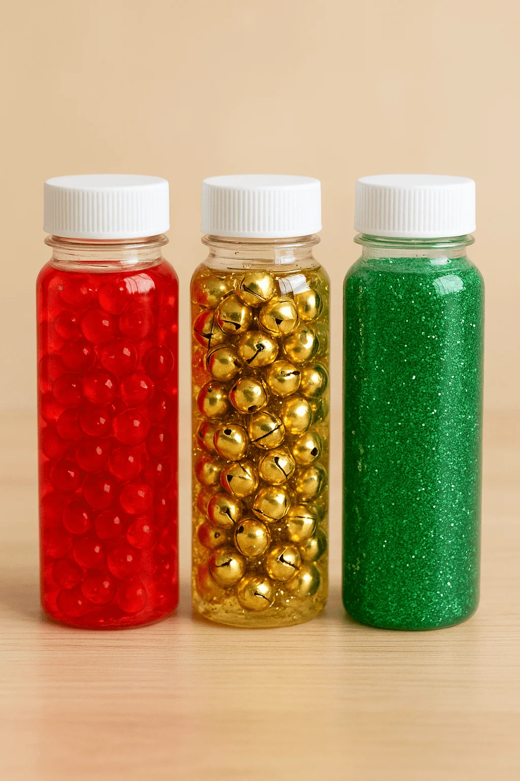 christmas themed sensory bottles filled with red water beads gold jingle bells and green glitter