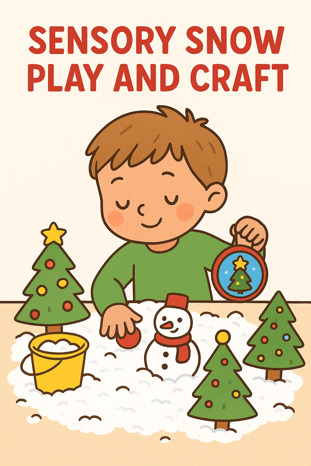 A cartoon child in a green shirt plays with pretend snow, small Christmas trees, a snowman, a yellow bucket, and a round ornament featuring a Christmas tree.