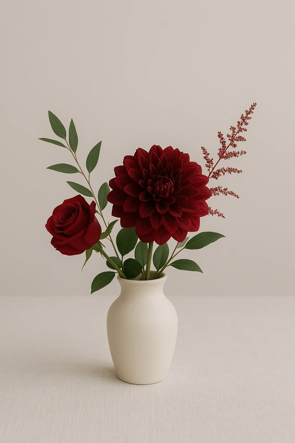 Minimal elegant floral arrangement with deep red dahlia rose greenery and soft beige vase