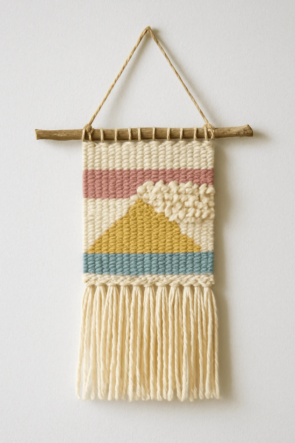 woven wall hanging with geometric mountain design and textured yarn fringe