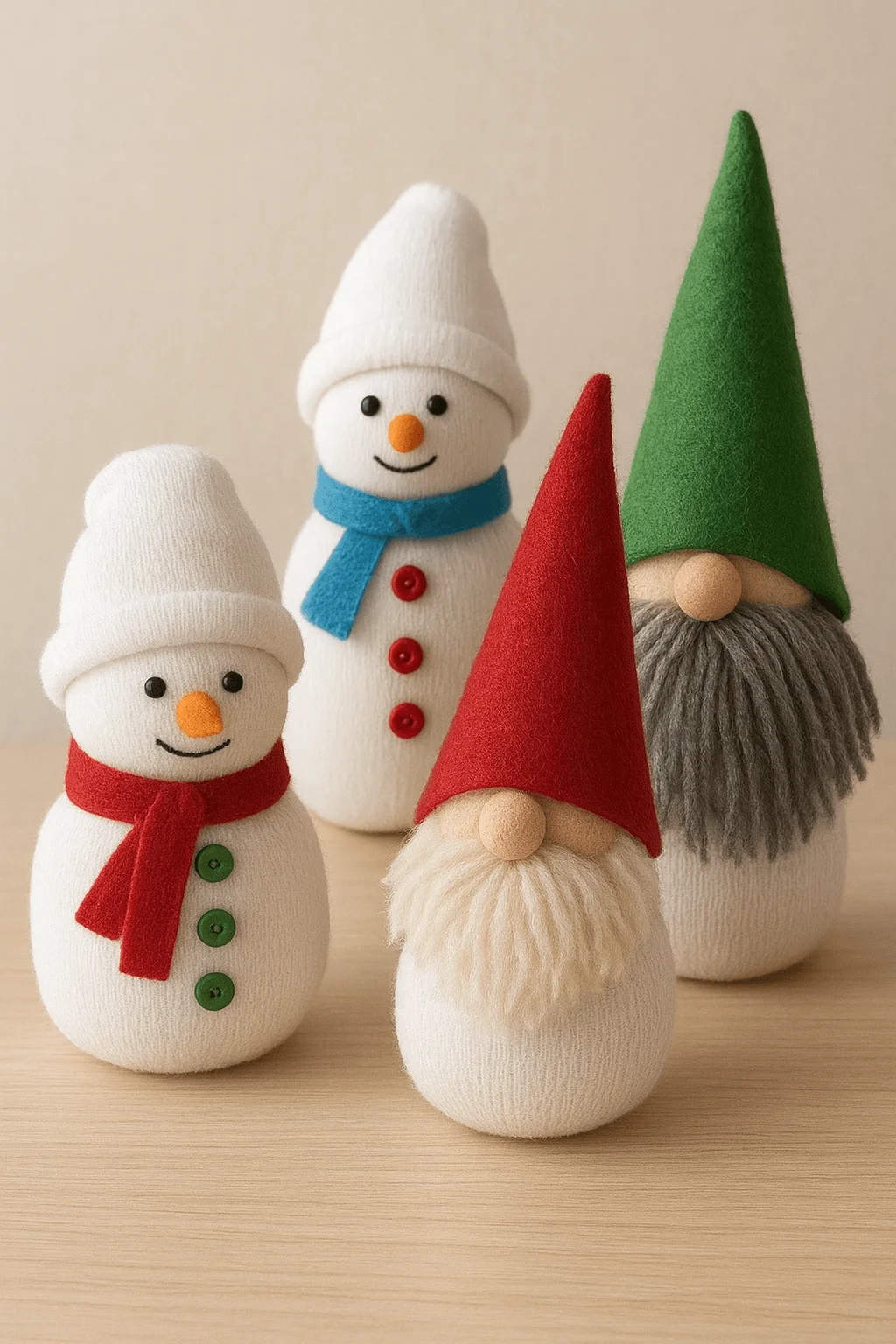 sock snowmen and gnome dolls made from white socks with felt hats scarves buttons and yarn beards