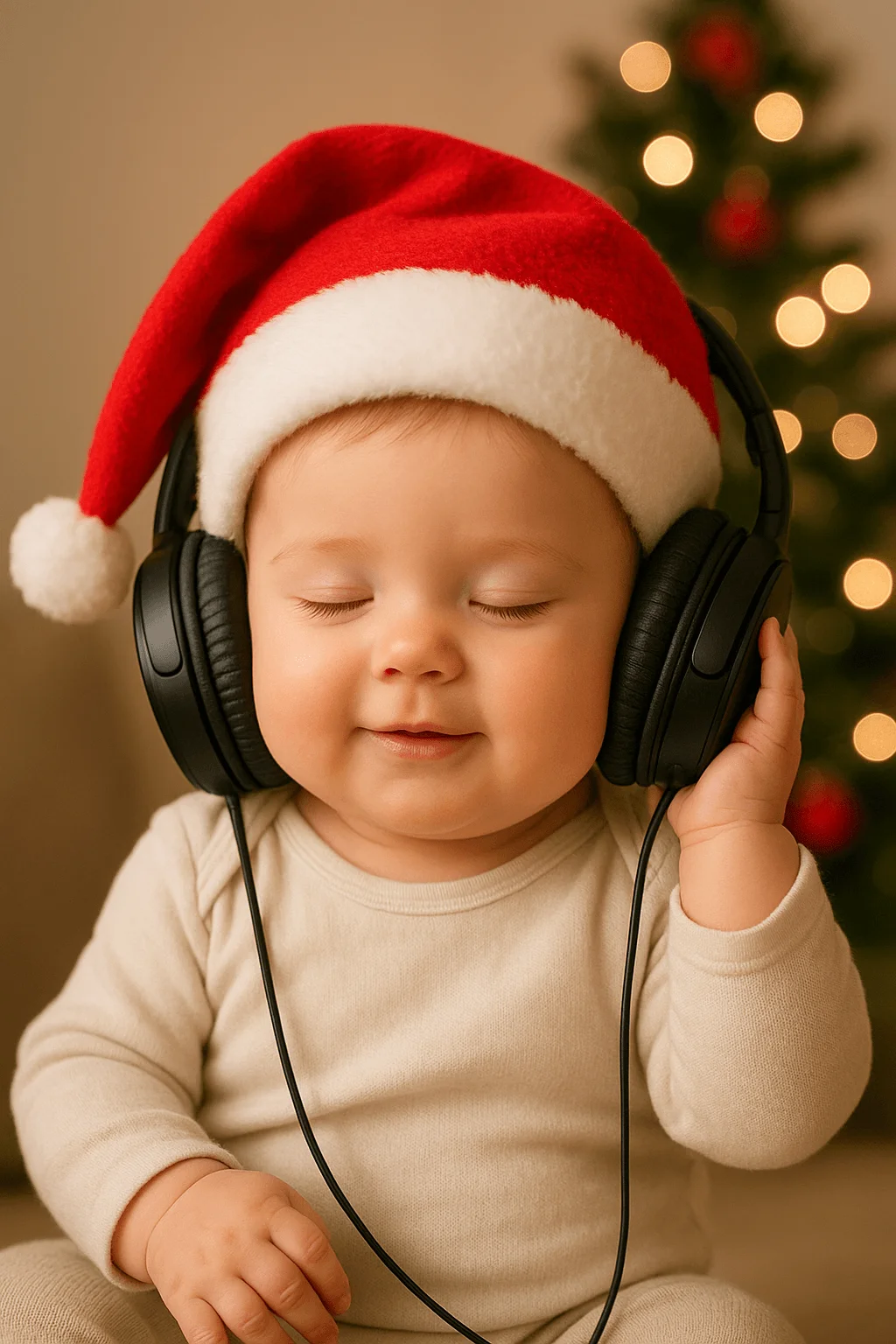 baby wearing a santa hat listening to music on headphones in front of a christmas tree