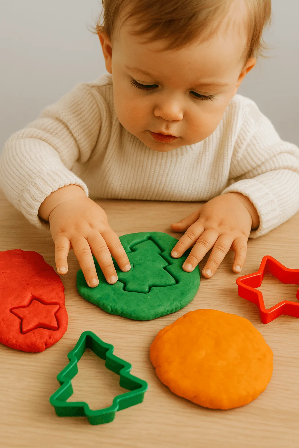 baby playing with christmas themed playdough using tree and star cutters on a wooden table