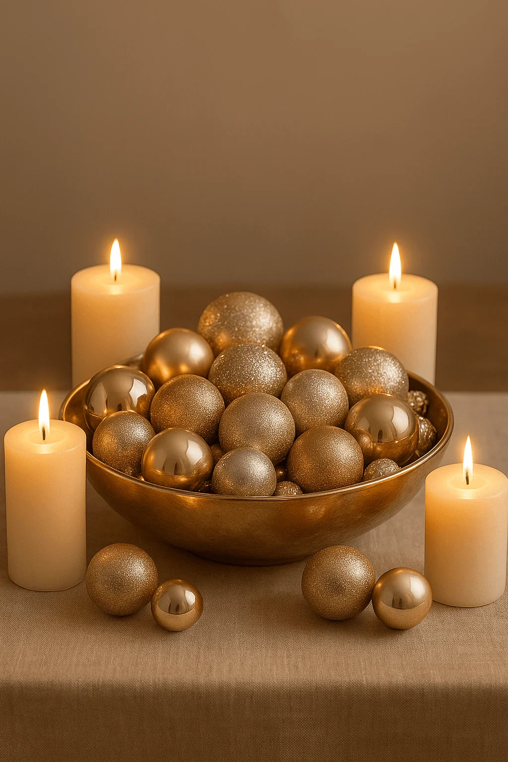 Elegant Christmas centerpiece with a gold bowl filled with metallic ornaments surrounded by glowing pillar candles