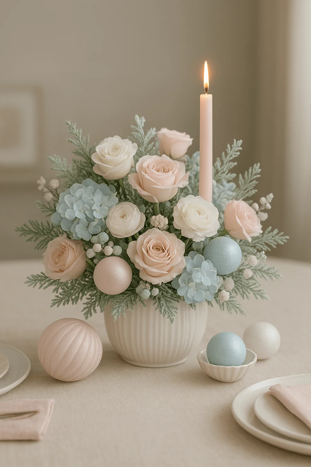 Pastel Christmas floral centerpiece with soft pink and white roses blue hydrangeas frosted greenery and a single lit taper candle in a white vase