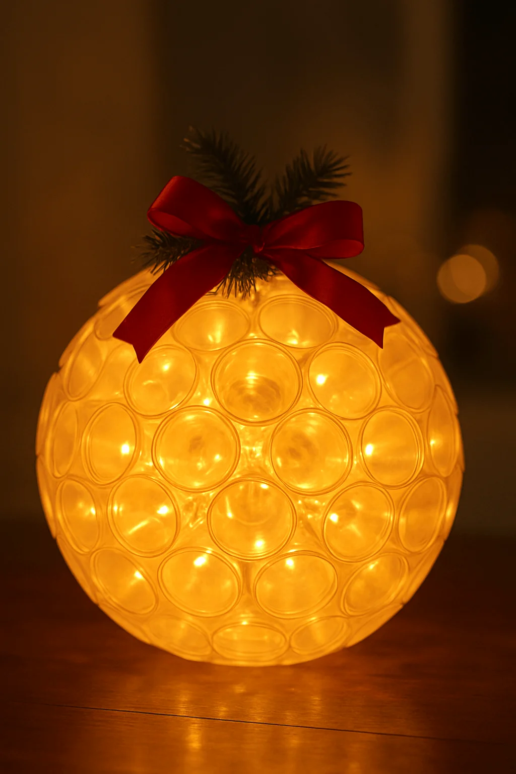 Sparkleball light sphere made from plastic cups with warm lights red bow and evergreen sprig
