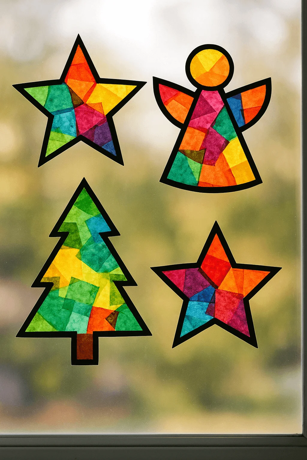 Colorful stained glass style Christmas window art featuring stars an angel and a tree made from tissue paper