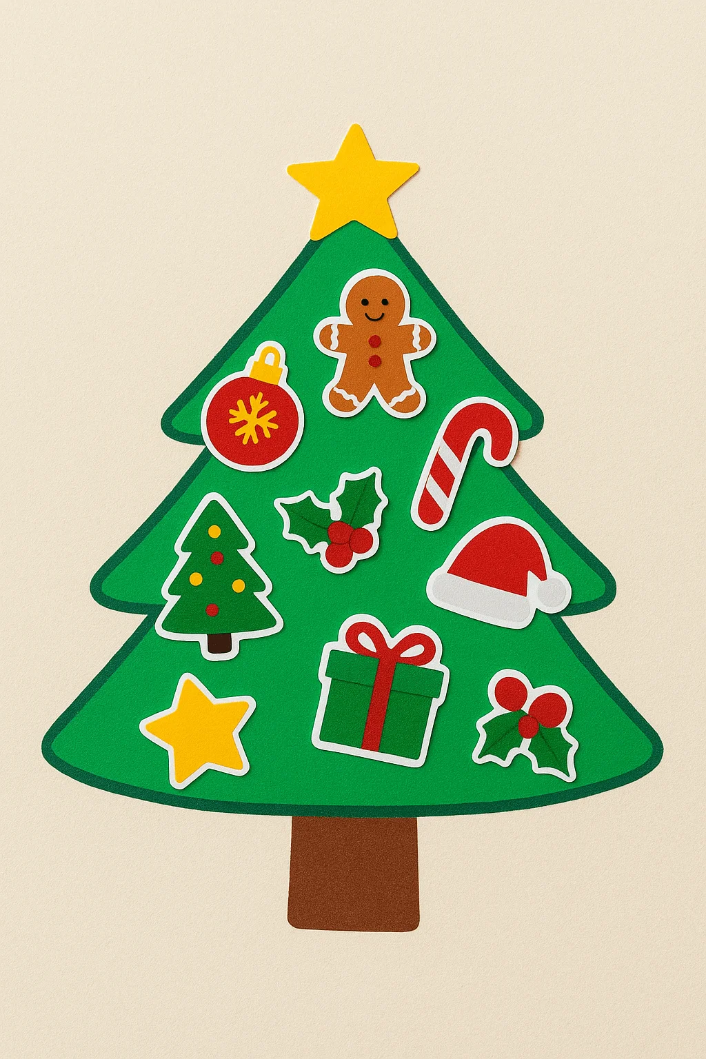 Paper Christmas tree decorated with festive stickers including a gingerbread man candy cane ornaments holly stars gift and Santa hat