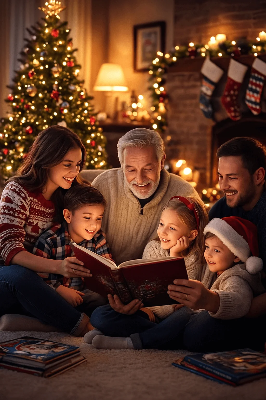 family gathered by the christmas tree enjoying cozy holiday storytime together