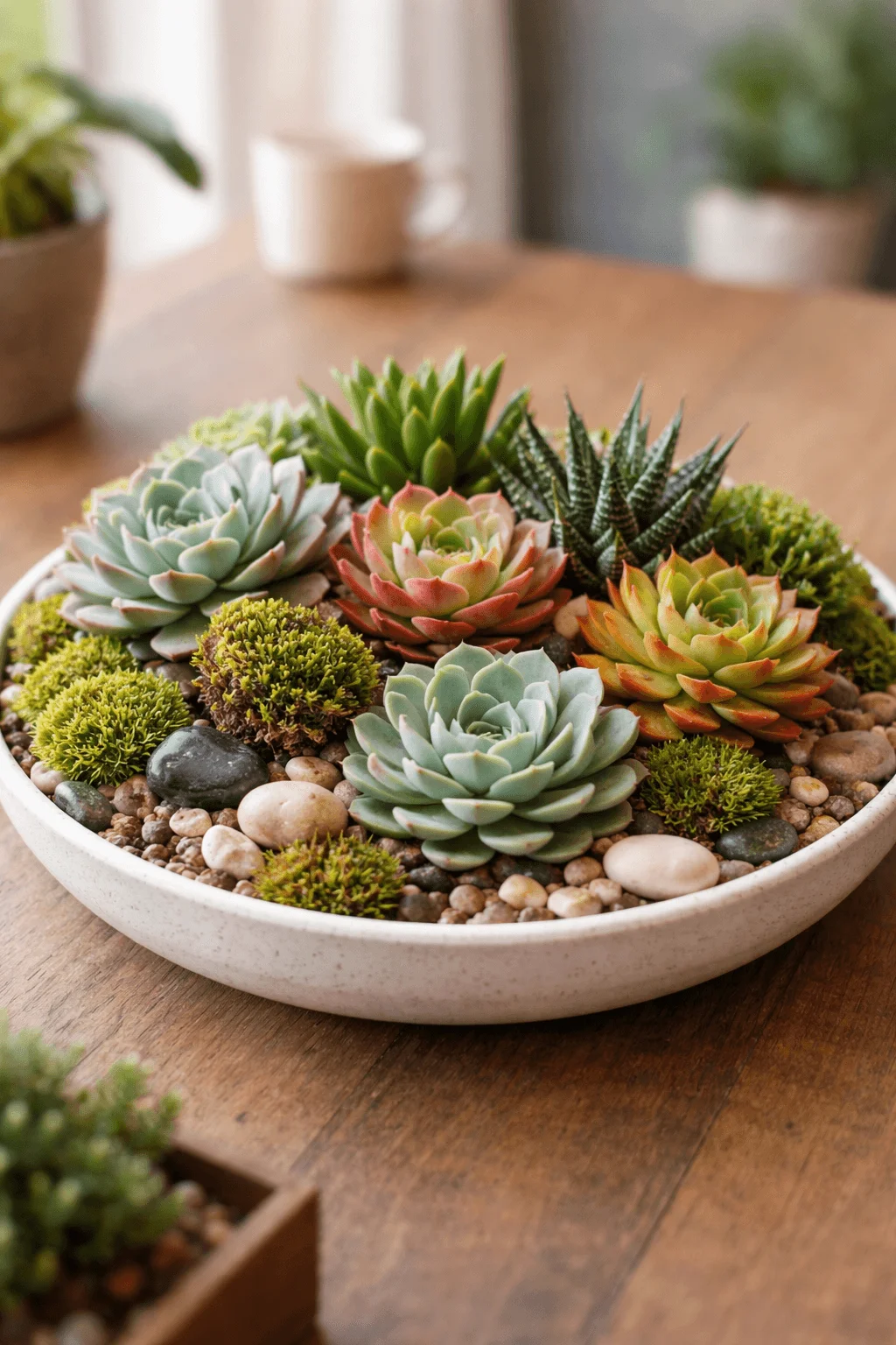 succulent centerpiece arrangement with mixed echeveria haworthia moss and decorative stones for natural valentines day table decor
