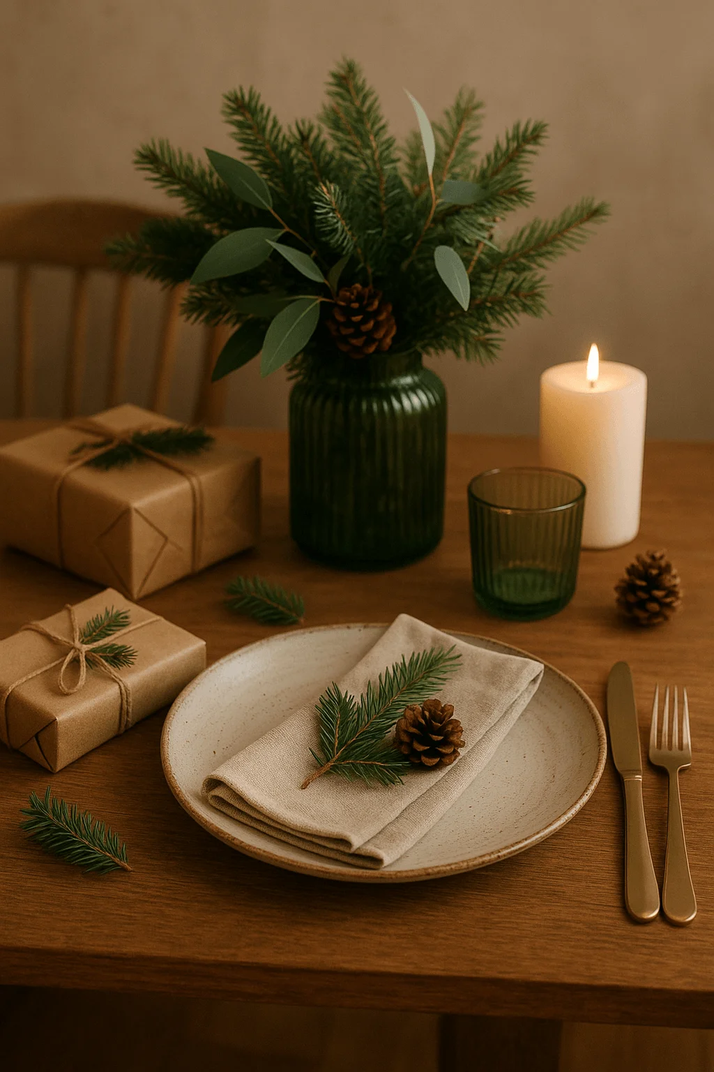 A cozy, sustainable holiday table setting featuring a ceramic plate with a folded linen napkin topped with a pine sprig and pinecone. Brown paper–wrapped gifts tied with twine sit nearby, along with a green glass, a lit pillar candle, and a vase filled with evergreen branches. Natural textures and earthy tones create a warm, eco-friendly festive atmosphere.