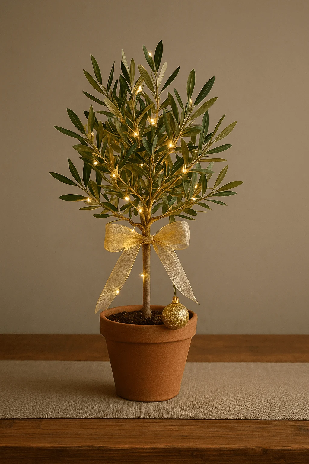 Minimal potted olive tree centerpiece with warm fairy lights gold ribbon and single gold ornament