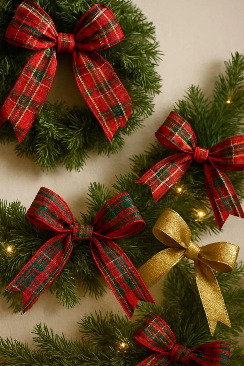 tartan plaid and gold ribbon bows decorating Christmas wreaths and greenery