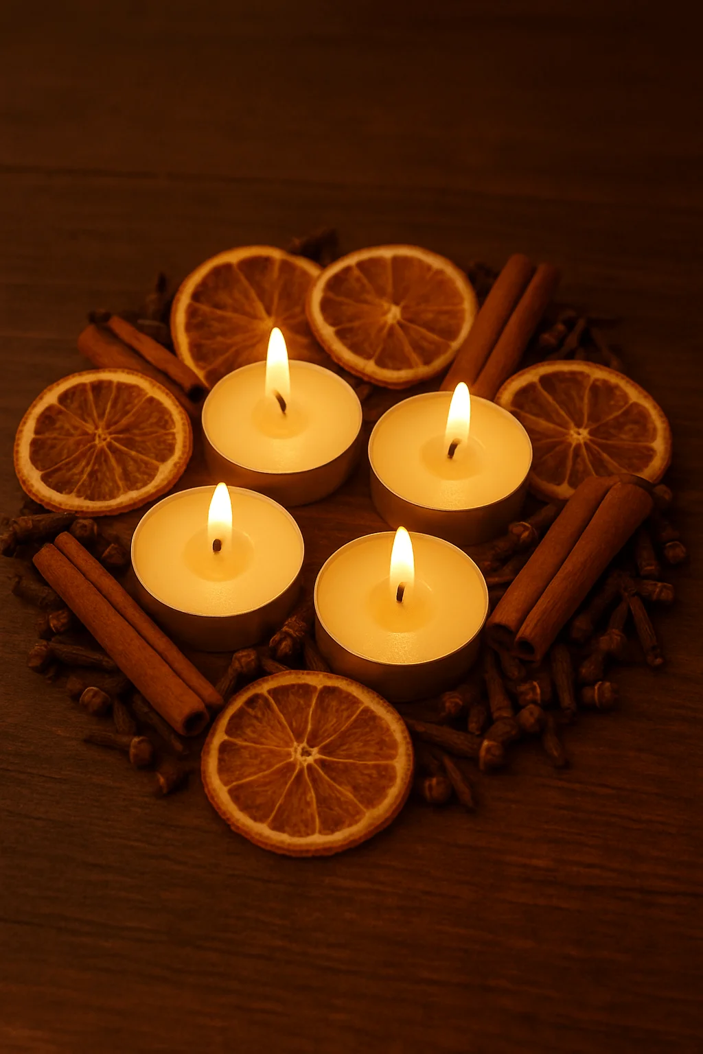 Tea light candles surrounded by dried orange slices cinnamon sticks and cloves in a warm rustic arrangement