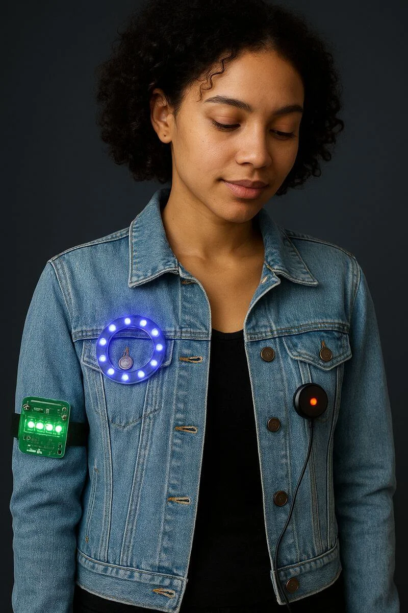 Tech enhanced upcycled fashion featuring a denim jacket with wearable electronics LED lights and smart components integrated into sustainable clothing design
