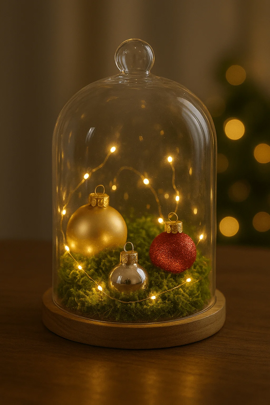 Glass cloche decor with moss base mini ornaments and warm fairy lights