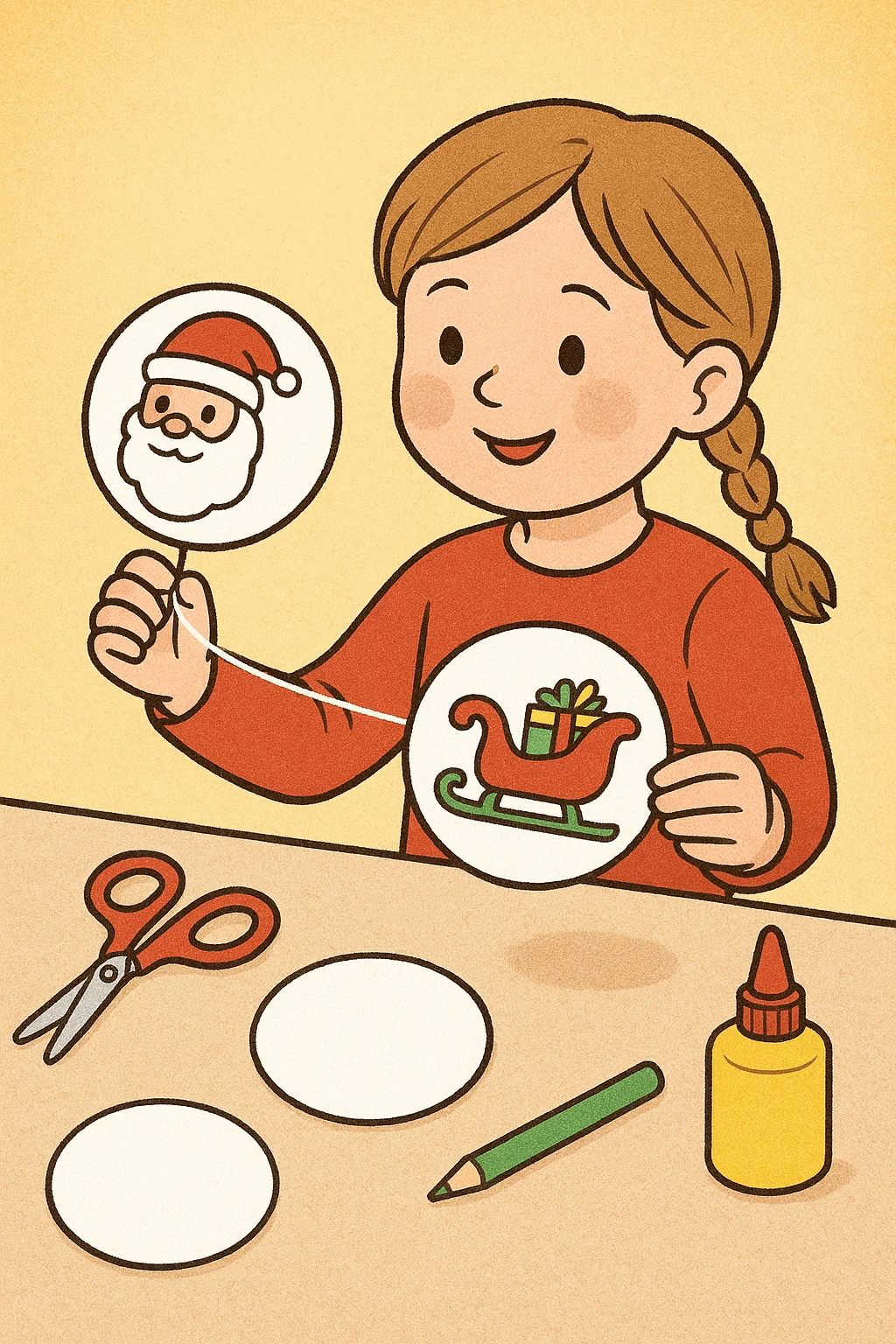 Illustration of a child making a Christmas thaumatrope craft with circular cutouts featuring Santa and a sleigh, surrounded by scissors, glue, and a green pencil on a table