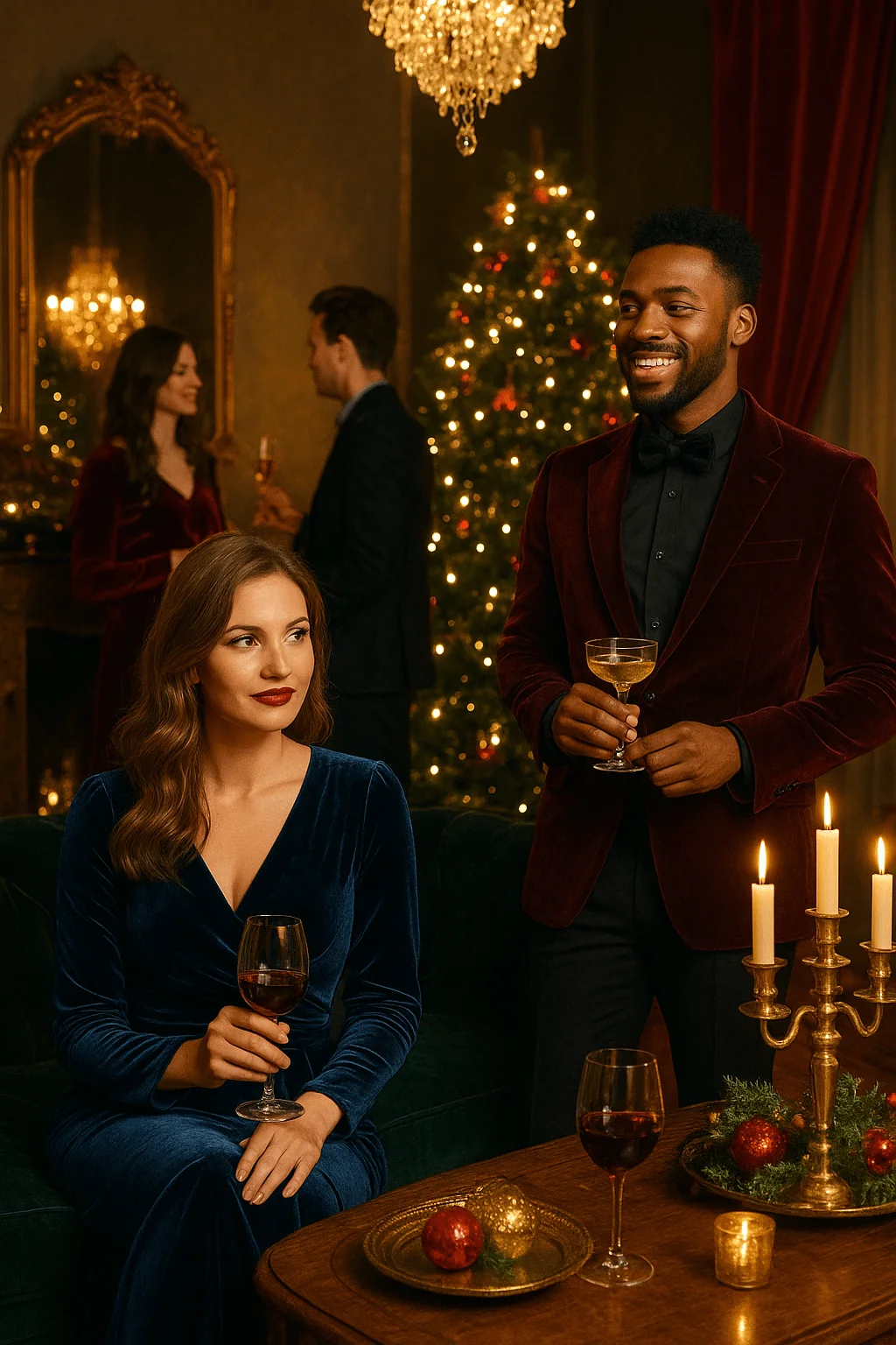Elegant holiday party scene with well dressed adults enjoying drinks in a warmly lit room decorated with a Christmas tree candles and festive ornaments.