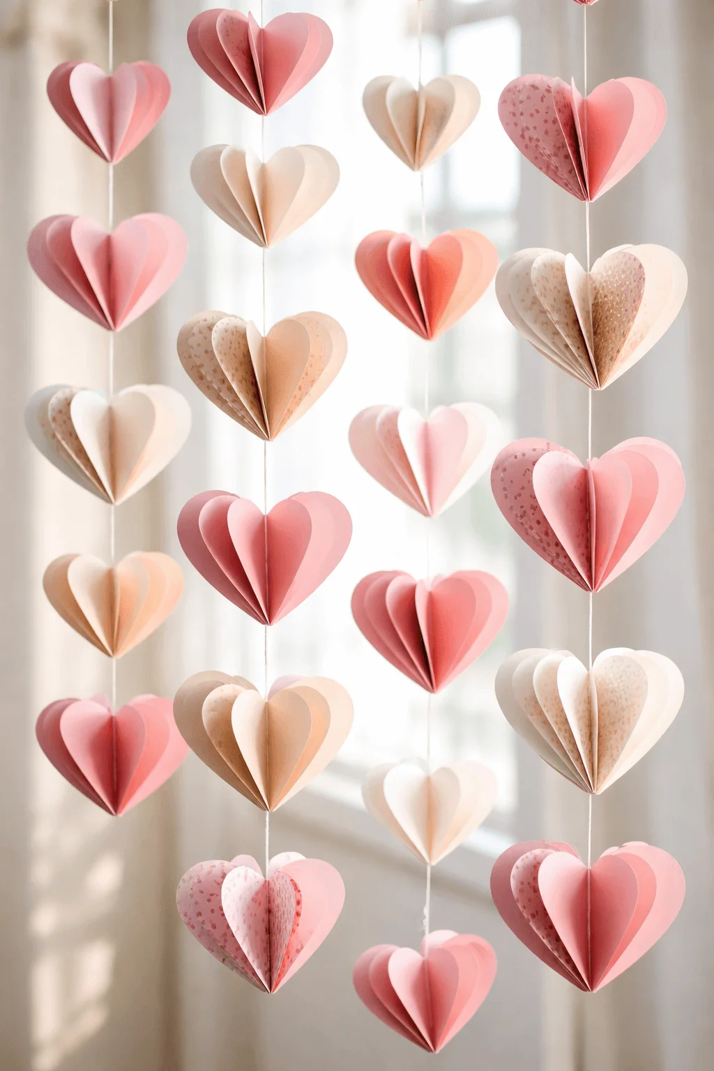 Three dimensional folded paper heart garlands hanging as romantic window decor in soft pink and neutral tones