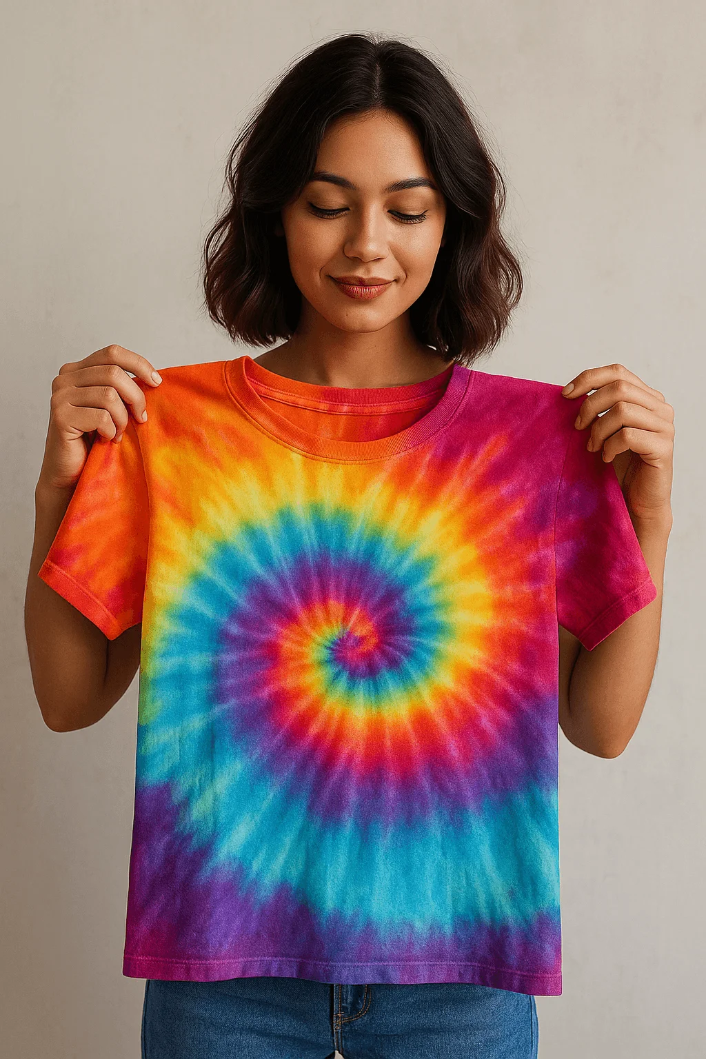 Tie dye upcycled t shirt with vibrant rainbow spiral pattern showing a woman holding a refreshed colorful sustainable fashion garment