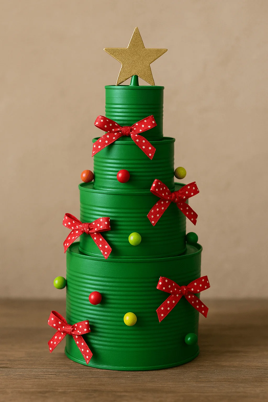 It’s made by stacking metal cans of different sizes, painting them green, and decorating them with red bows, colorful round embellishments, and a star topper to look like a festive Christmas tree.