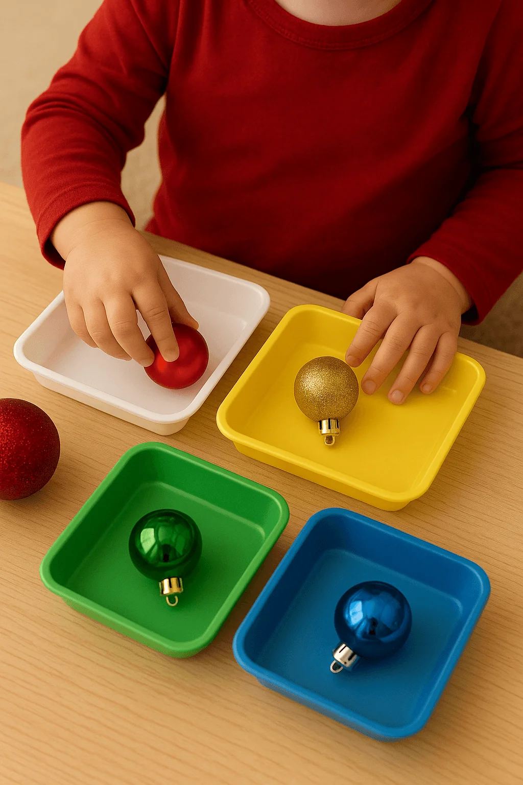 A young child wearing a red shirt sorts small Christmas ornaments by color, placing red, gold, green, and blue ornaments into matching colored trays on a wooden table.