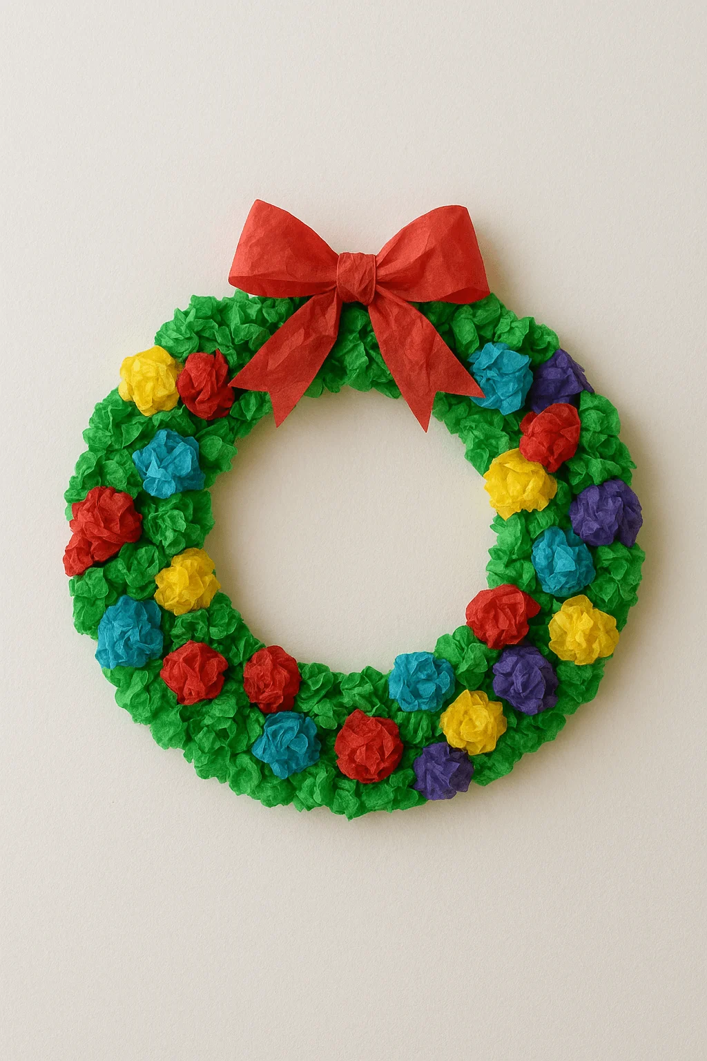Colorful tissue paper Christmas wreath decorated with multicolored paper flowers and a large red bow