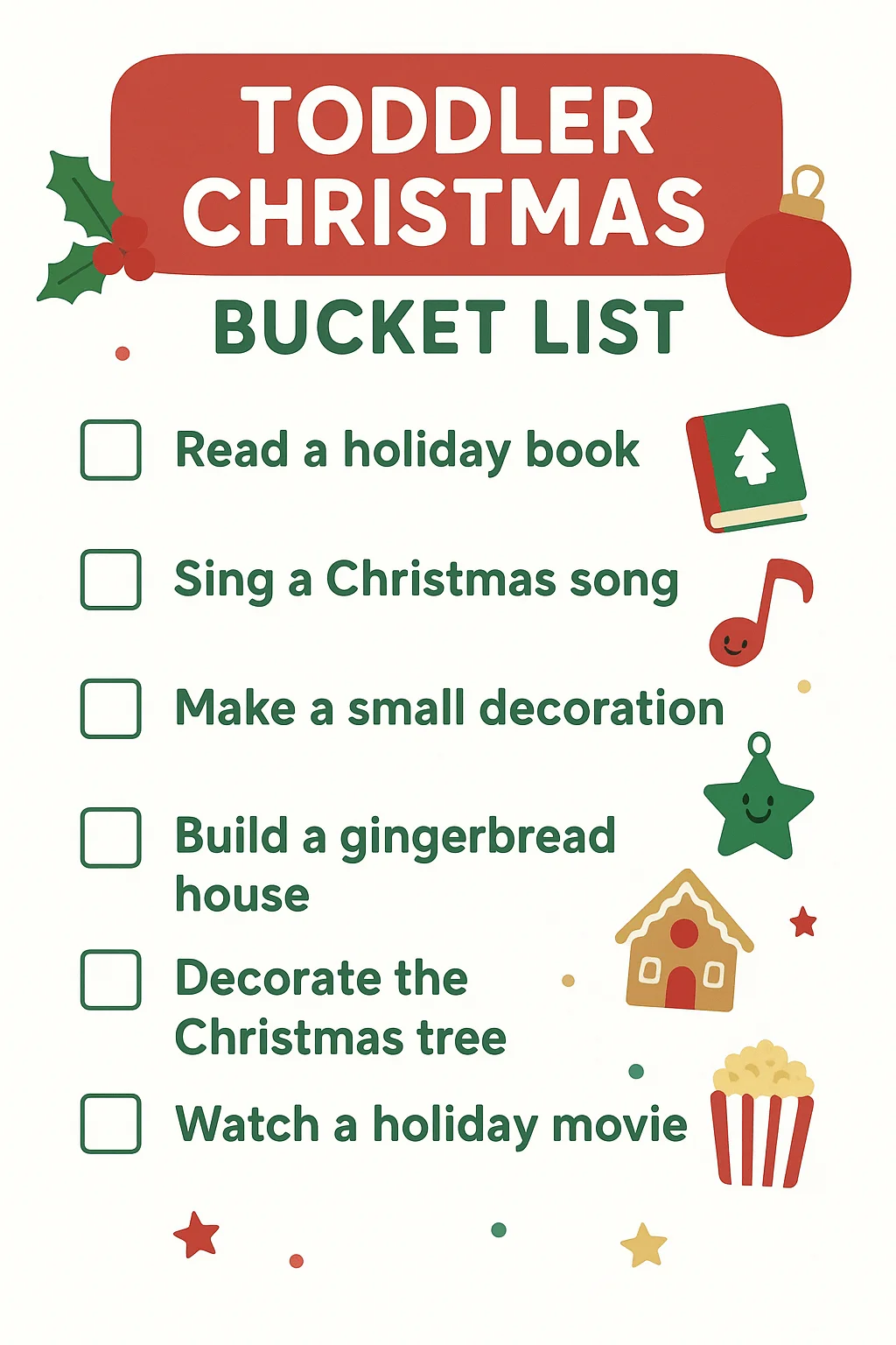 Toddler Christmas bucket list graphic featuring festive icons and checklist items for simple holiday activities