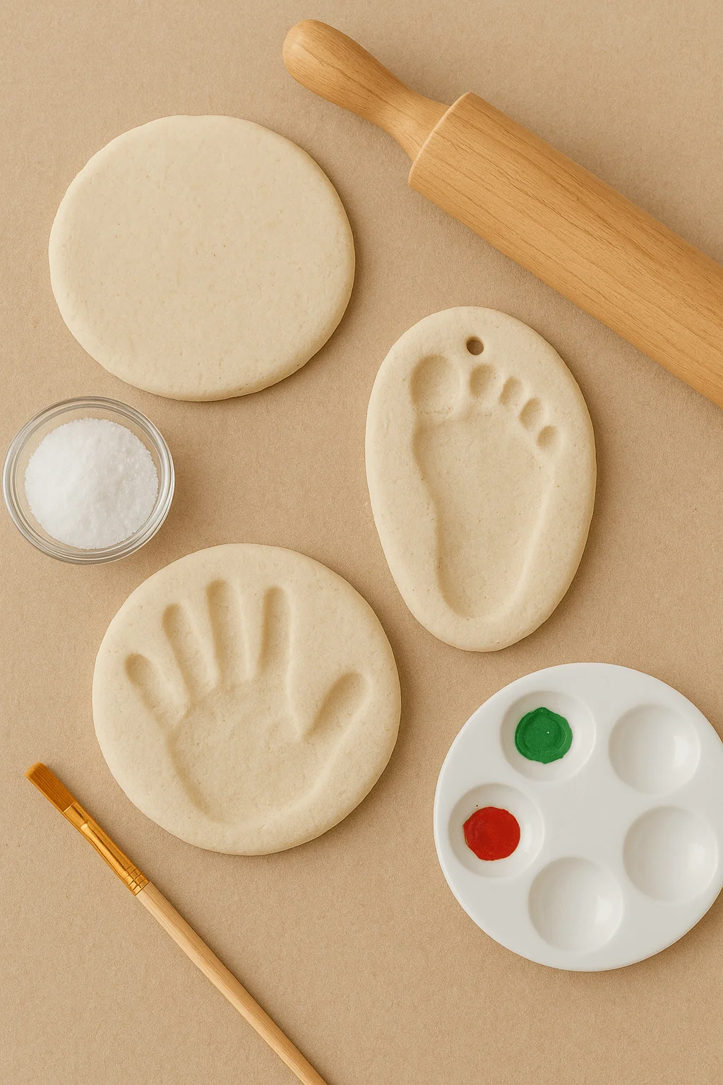 Salt dough keepsakes displayed on a tabletop, including round and oval shapes with a toddler’s handprint and footprint impressions, alongside a rolling pin, small bowl of salt, paint palette with red and green paint, and a paintbrush.