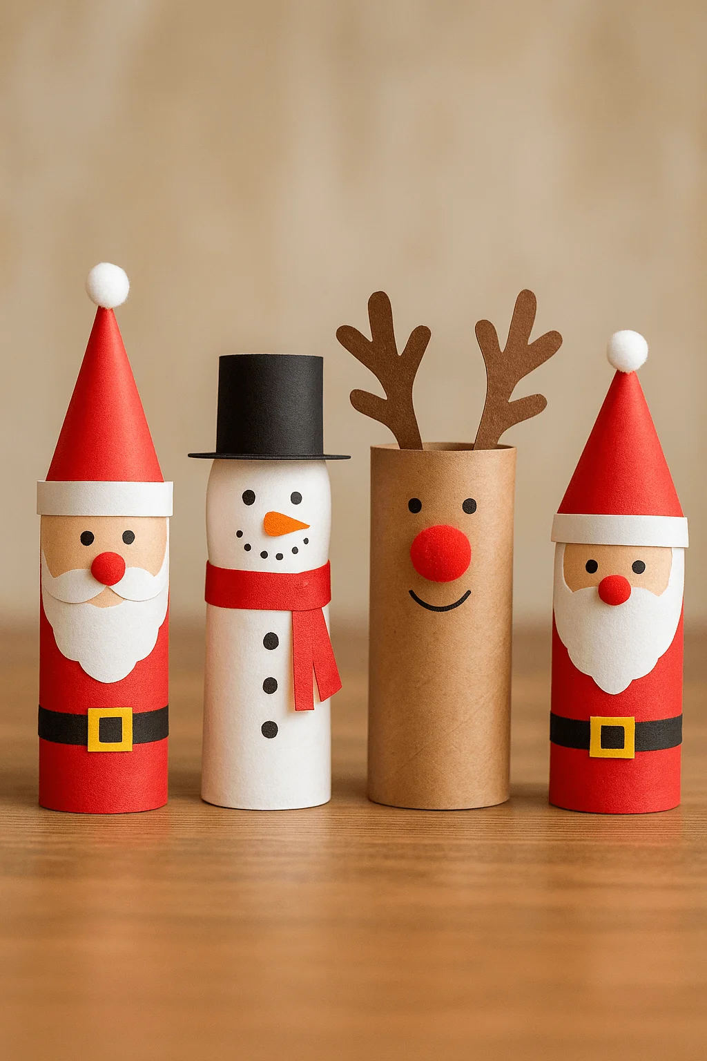 Cute Christmas toilet paper roll crafts featuring Santa, a snowman, and a reindeer made with colored paper, pom-poms, and simple decorations on a wooden surface.