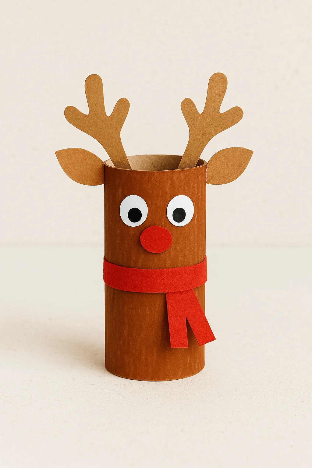 Cute toilet paper roll reindeer craft with paper antlers googly eyes and a red scarf
