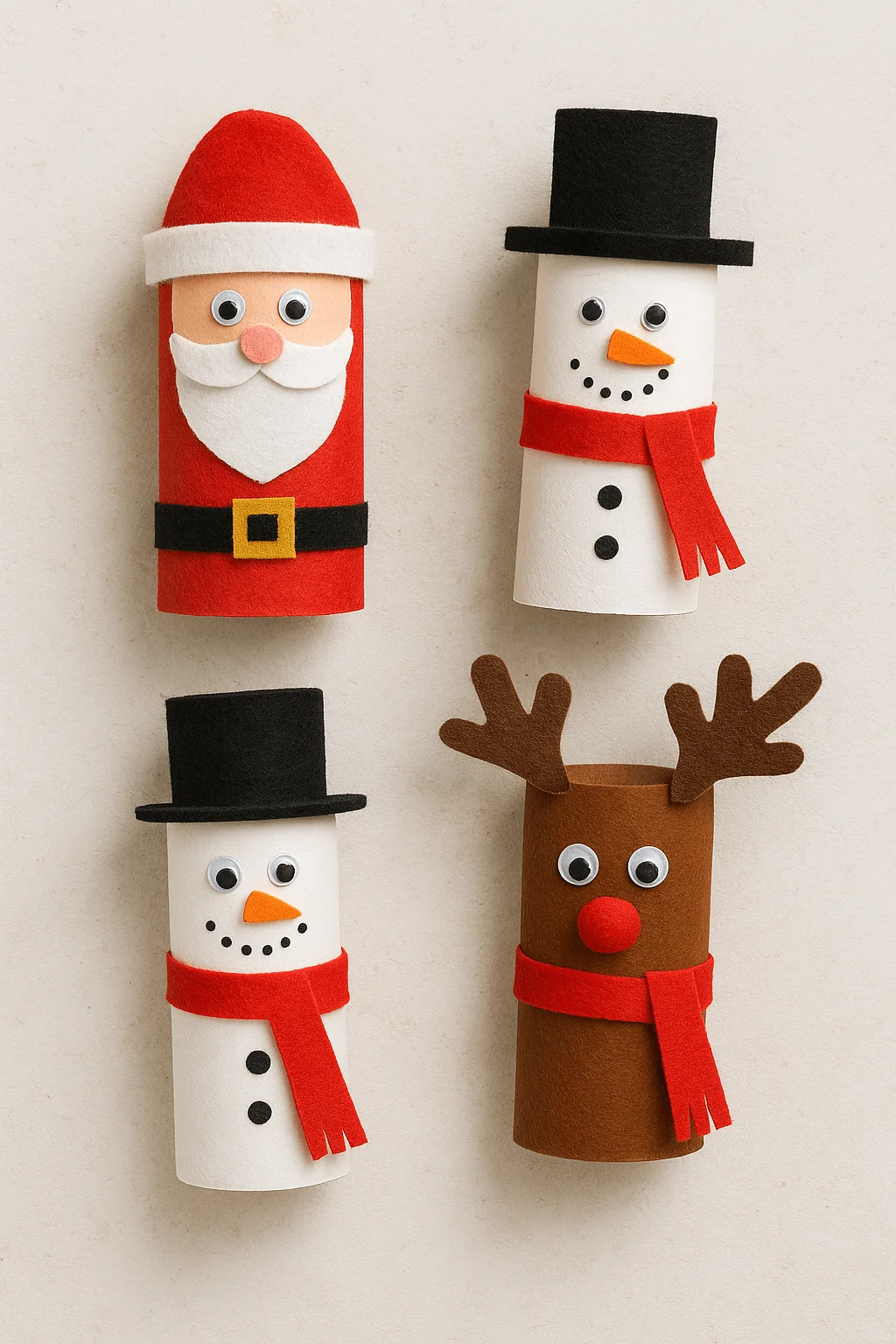 Toilet paper roll Christmas characters including Santa snowmen and a reindeer made with felt and googly eyes