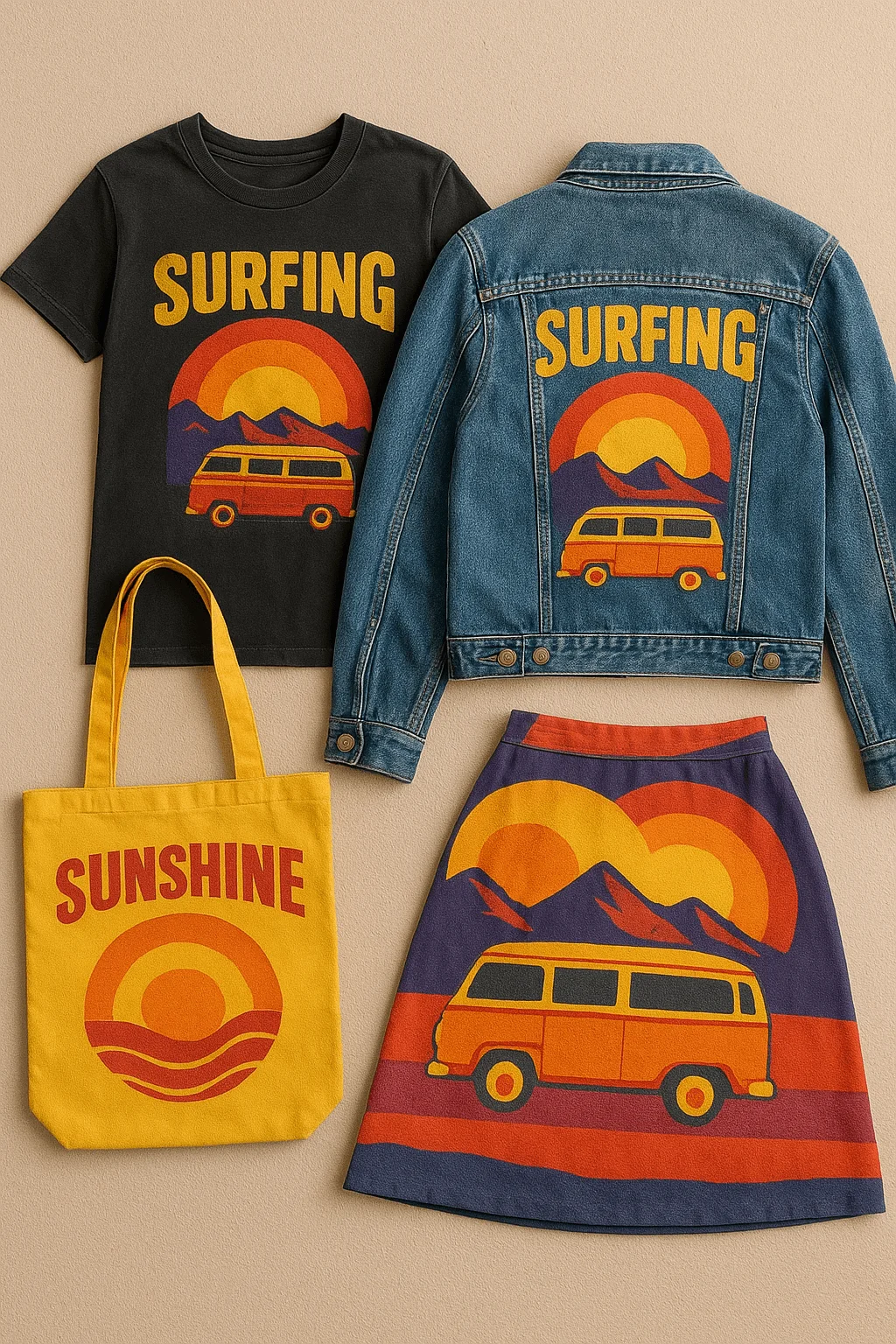Upcycled clothing set with retro graphic prints featuring a surfing t shirt denim jacket tote bag and skirt redesigned with matching vintage style artwork