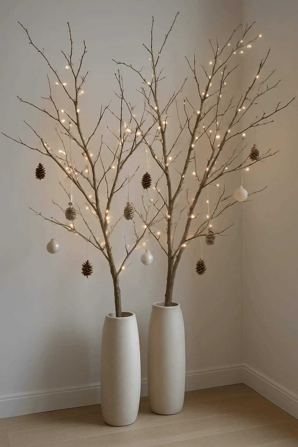 minimalist winter decor with bare tree branches wrapped in warm fairy lights and hanging pinecones displayed in tall white vases indoors
