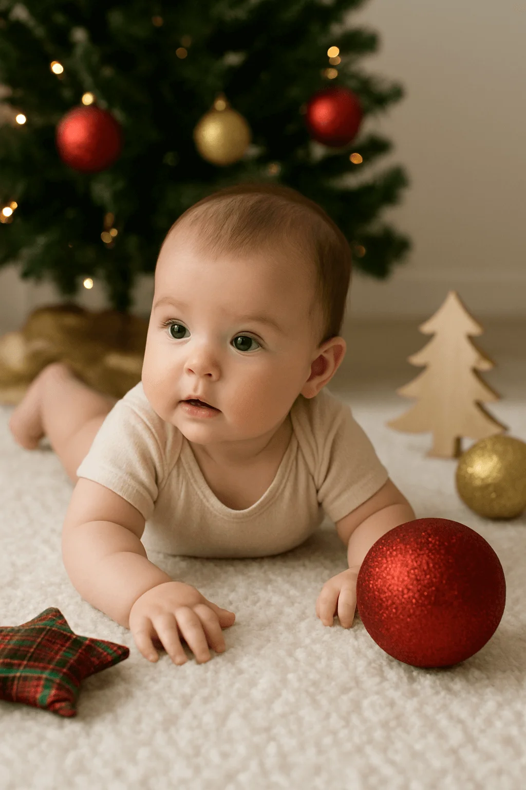 baby during tummy time surrounded by christmas ornaments and a decorated tree