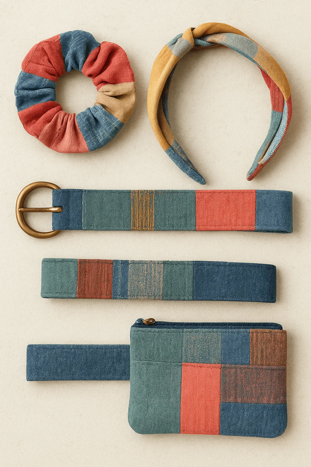 Upcycled fabric accessories including a patchwork scrunchie headband belt wrist strap and zipper pouch made from recycled textiles