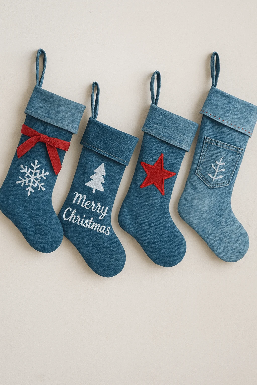 upcycled denim christmas stockings with festive embroidered designs including a snowflake merry christmas tree red star and pocket detail