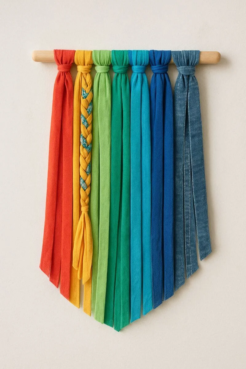 rainbow fabric strip wall hanging with braided accent and wooden dowel