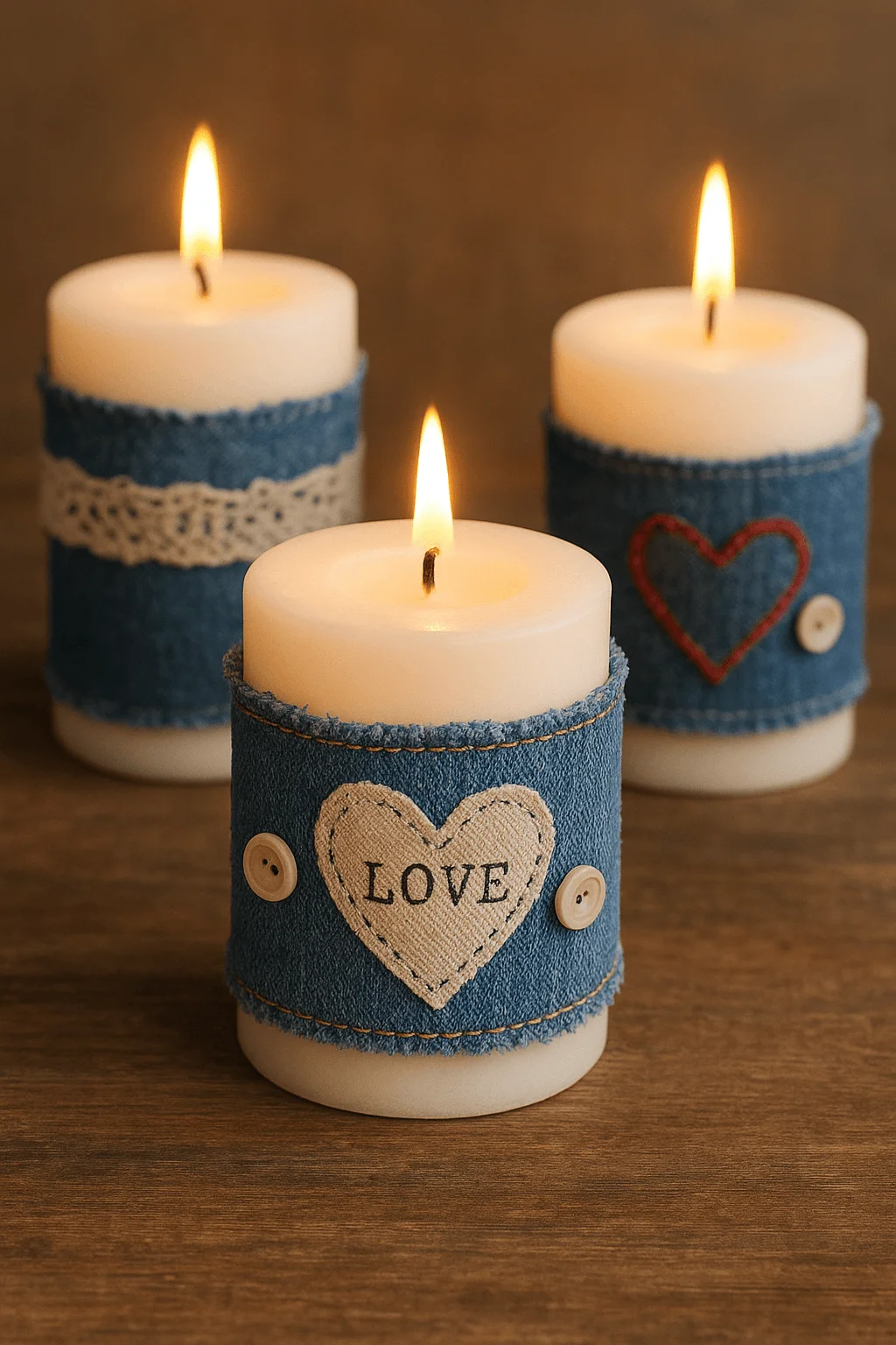 Upcycled denim wrapped candles with stitched heart designs buttons and lace accents