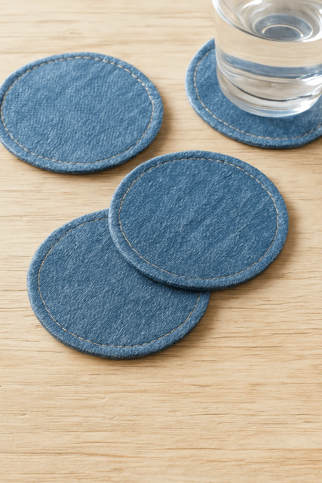 Round denim drink coasters with stitched edges on a light wooden surface next to a glass of water