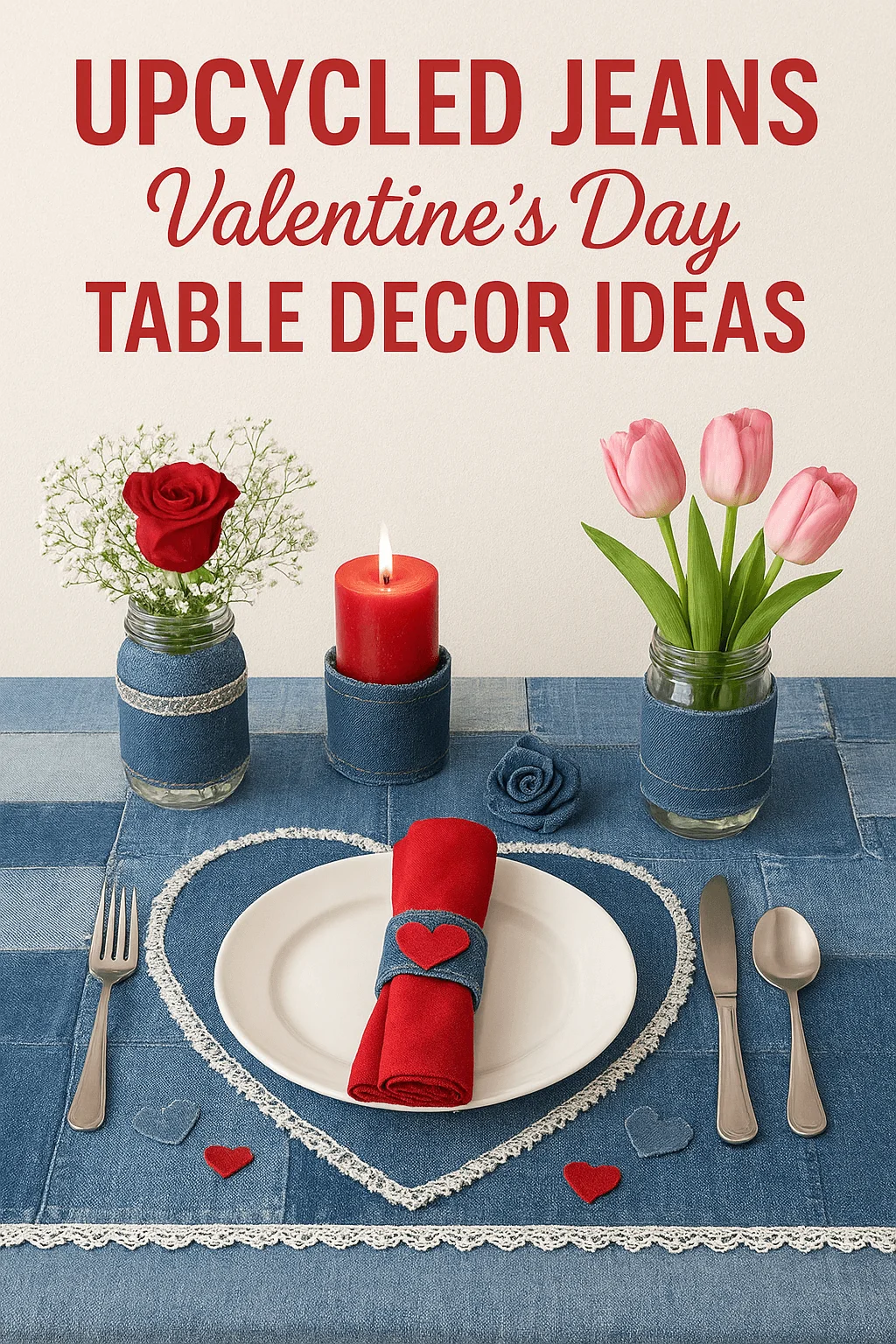 Upcycled denim Valentines Day table decor with heart shaped placemat red napkin flowers and candle