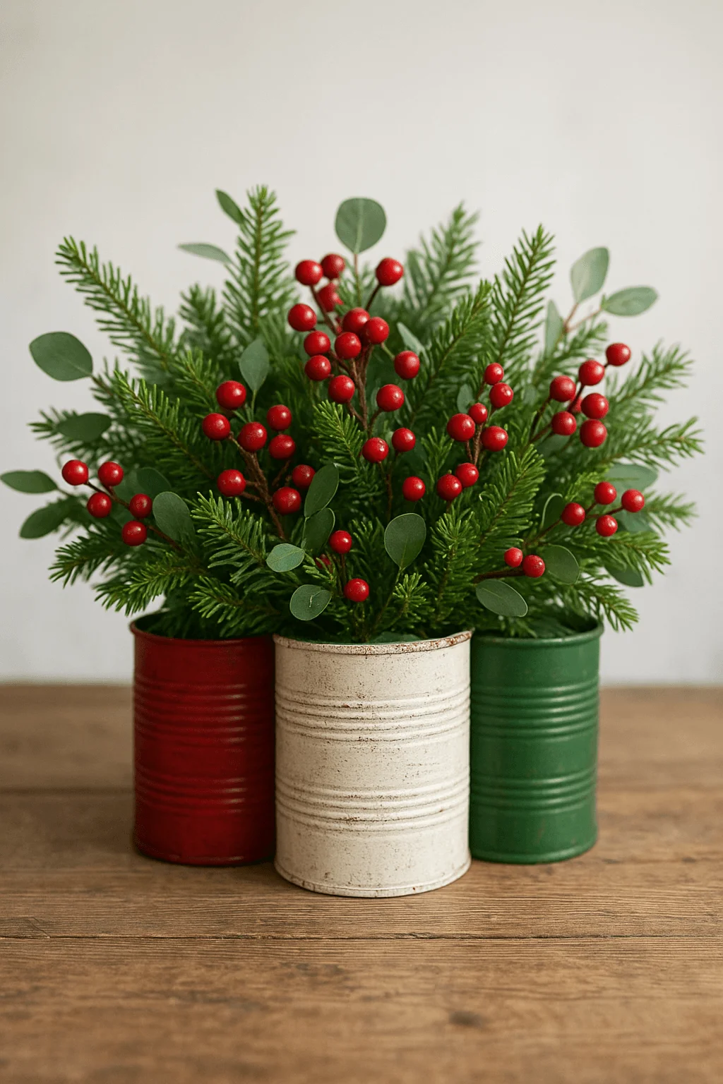 Upcycled painted tin can centerpiece with evergreens eucalyptus leaves and red berry stems