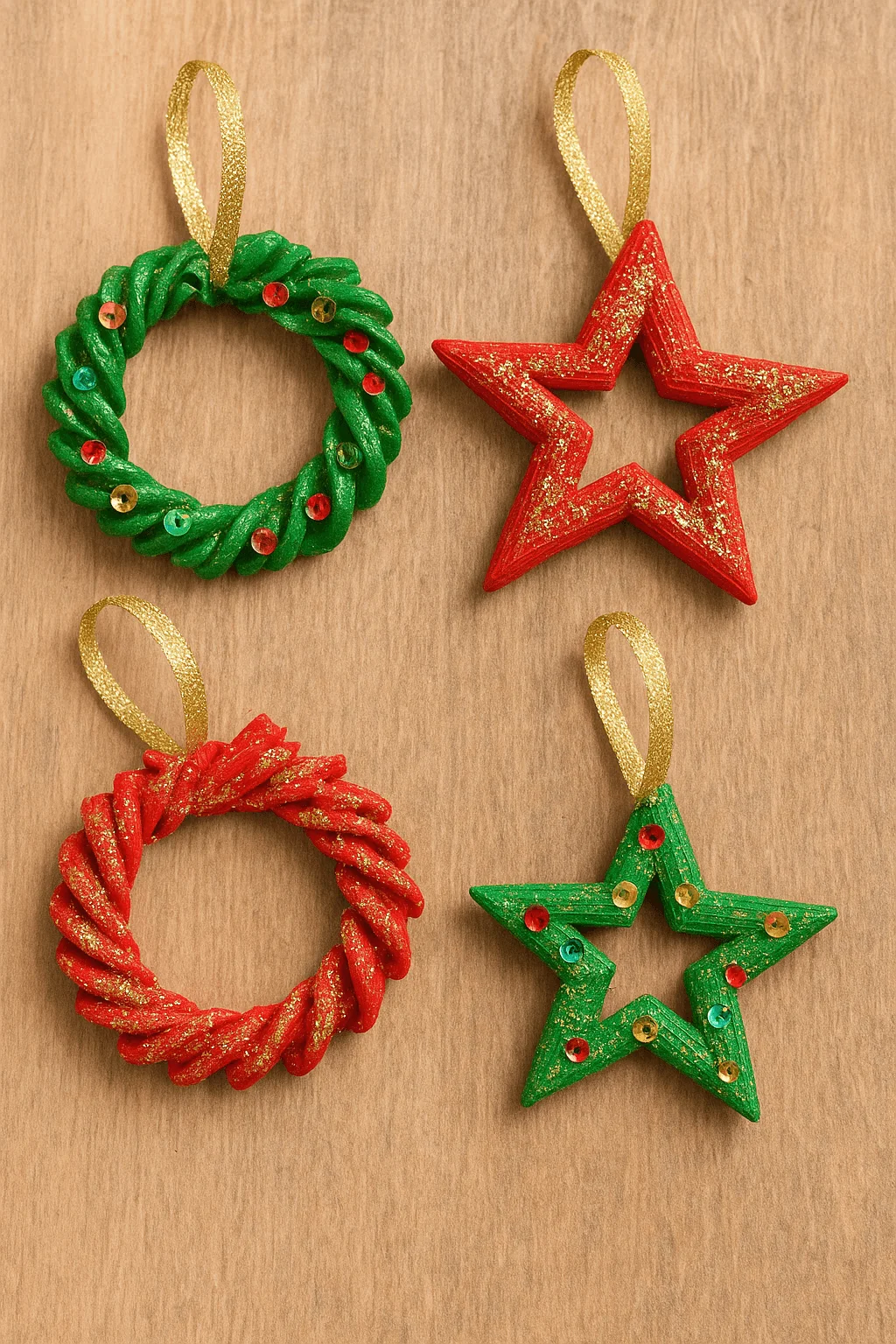 These appear to be upcycled pasta Christmas ornaments. They’re made by shaping different types of pasta (like twisted pasta for wreaths and star-shaped arrangements) into festive designs, then painting them red and green, adding glitter, sequins, and gold ribbon loops for hanging.